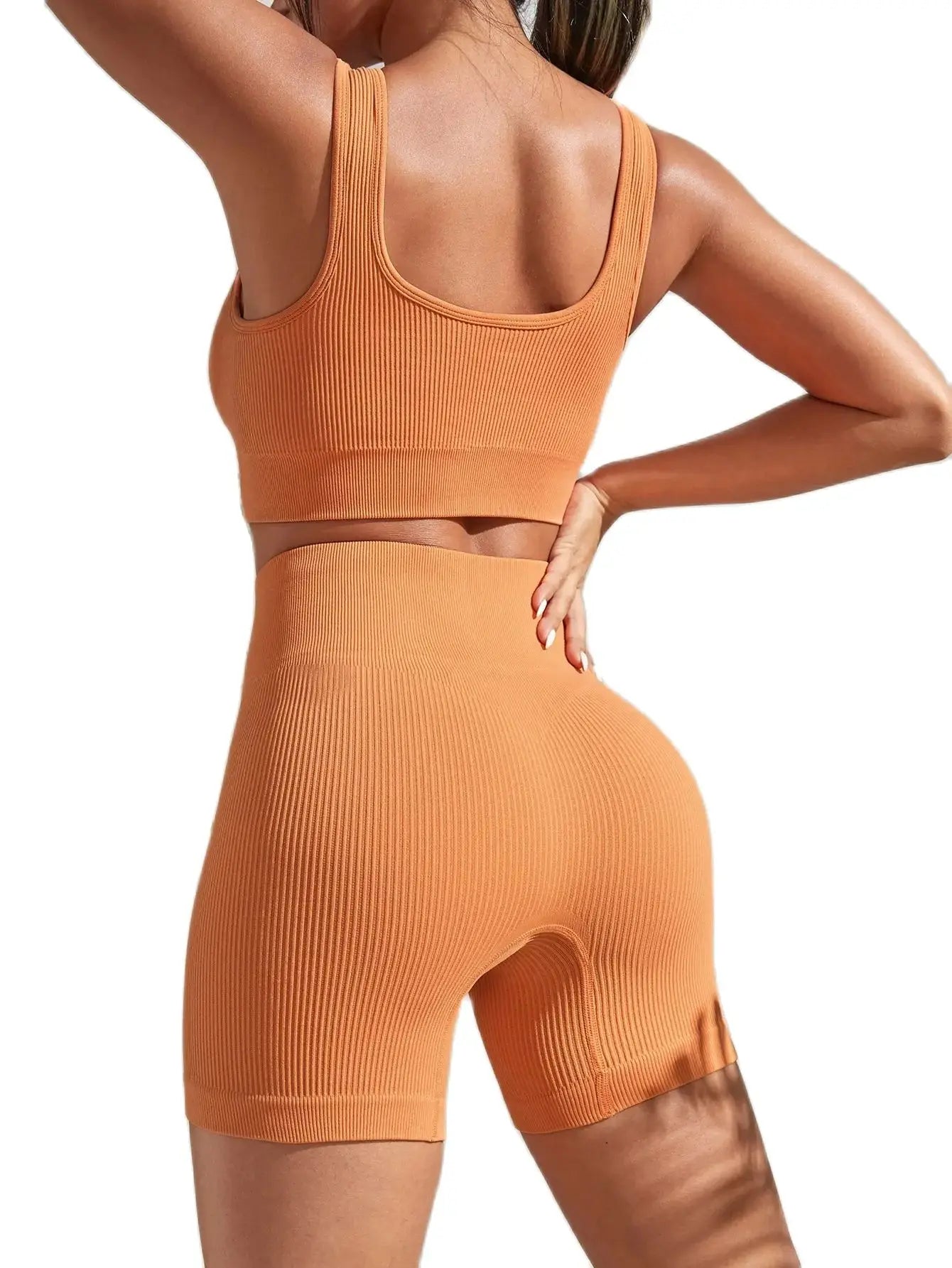 Seamless Ribbed Yoga Sets Workout Sets for Women 2 Pieces Gym Suits Ribbed  Crop Tank High Waist Shorts Outfits Fitness Running